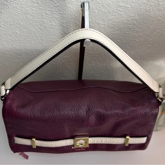 Kate Spade Plum Cream Leather Shoulder Bag Zip Top Flap Gold - Picture 3 of 16